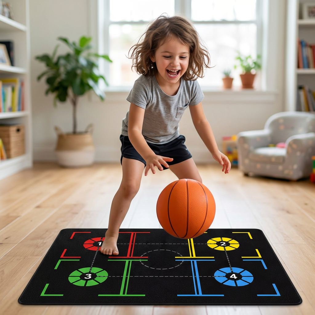Enfant s'entraînant sur le tapis NoyzBall dans un salon