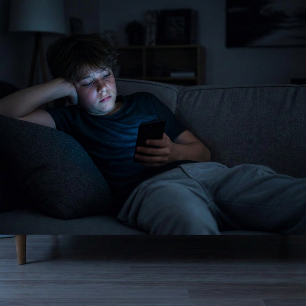 Enfant allongé sur un canapé avec un smartphone